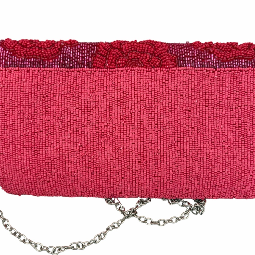 Sol and Mer Red Beaded Floral Envelope Clutch w/Crossbody chain strap - Picture 6 of 7